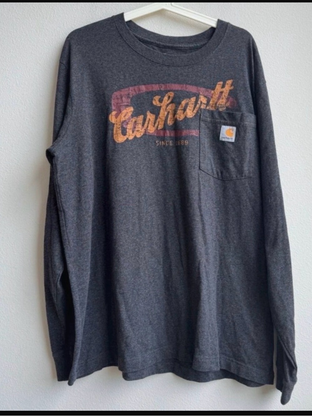 Carhartt Long Sleeve Pocket Tee in Charcoal with Gold Logo